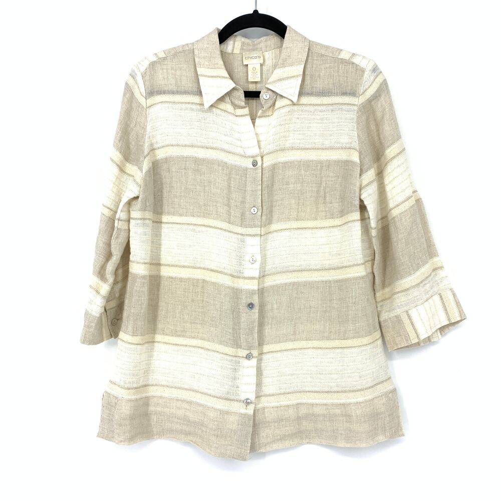 Chico's Shirt Women's 0 US S  Button Up Cream Tan Striped Collared 3/4 Sleeve